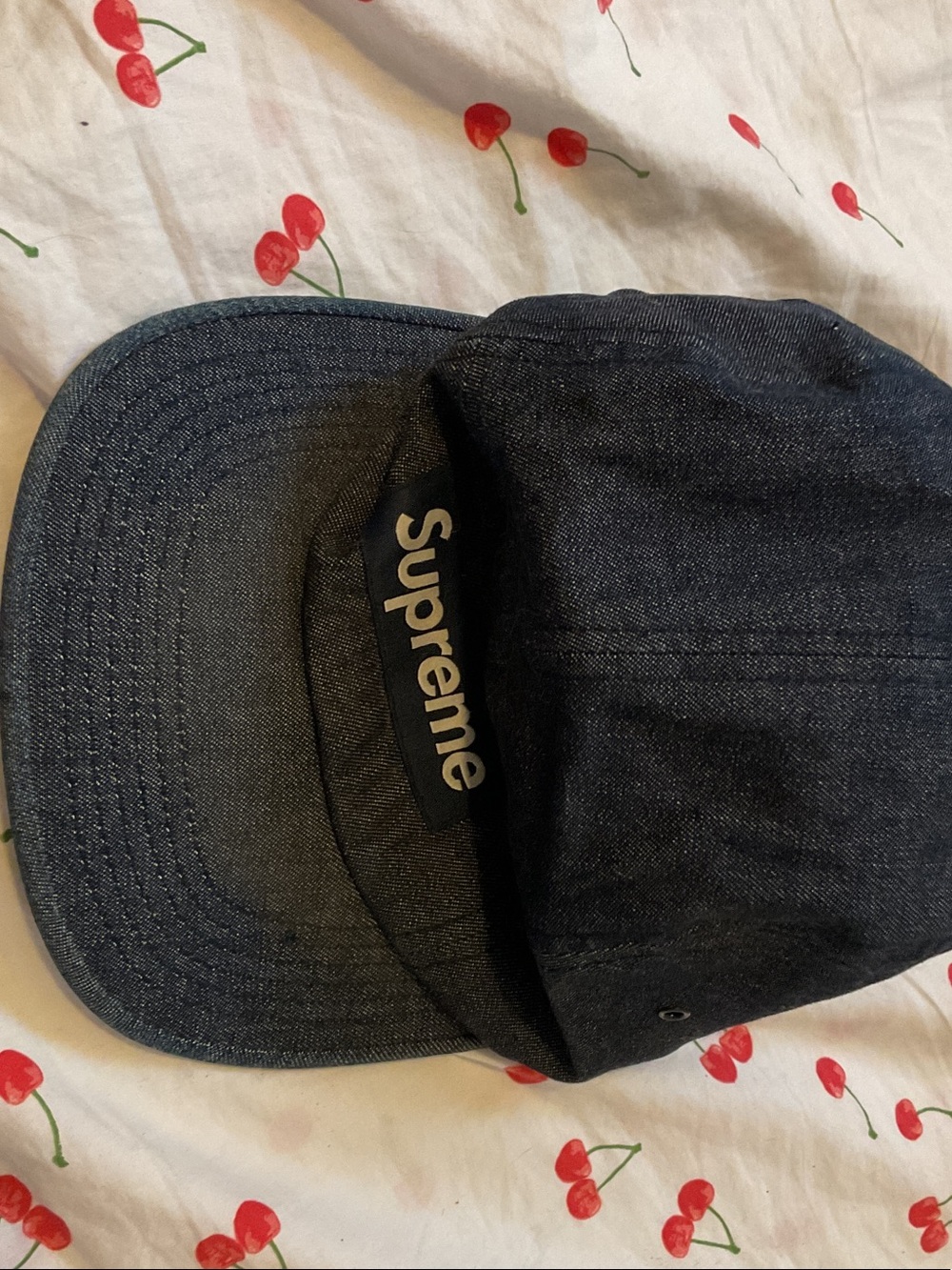 Supreme Dark Denim Camp Cap with White Logo